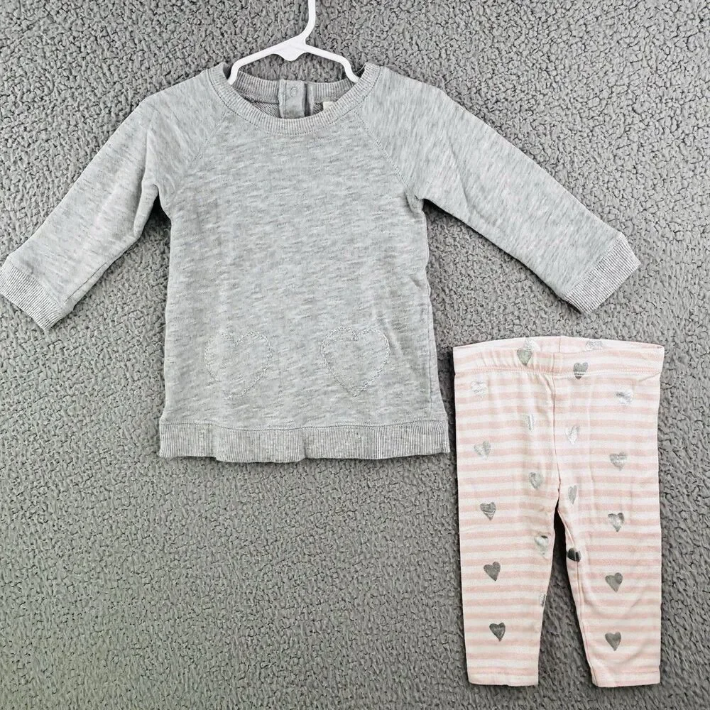 Tucker + Tate Pant Set Baby 9 Month Pink Gray Hearts Sparkle 2 piece